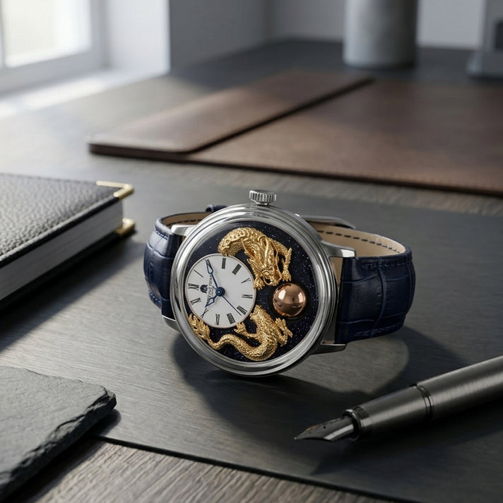 Exclusive William Hunt Automatic Watch With Lapis Lazuli Rotating Day &amp; Night Sphere, Blue Sandstone and MOP Dial &amp; 24K Gold Plated Dragons 5ATM WR with Blue Leather Strap 8611230 2