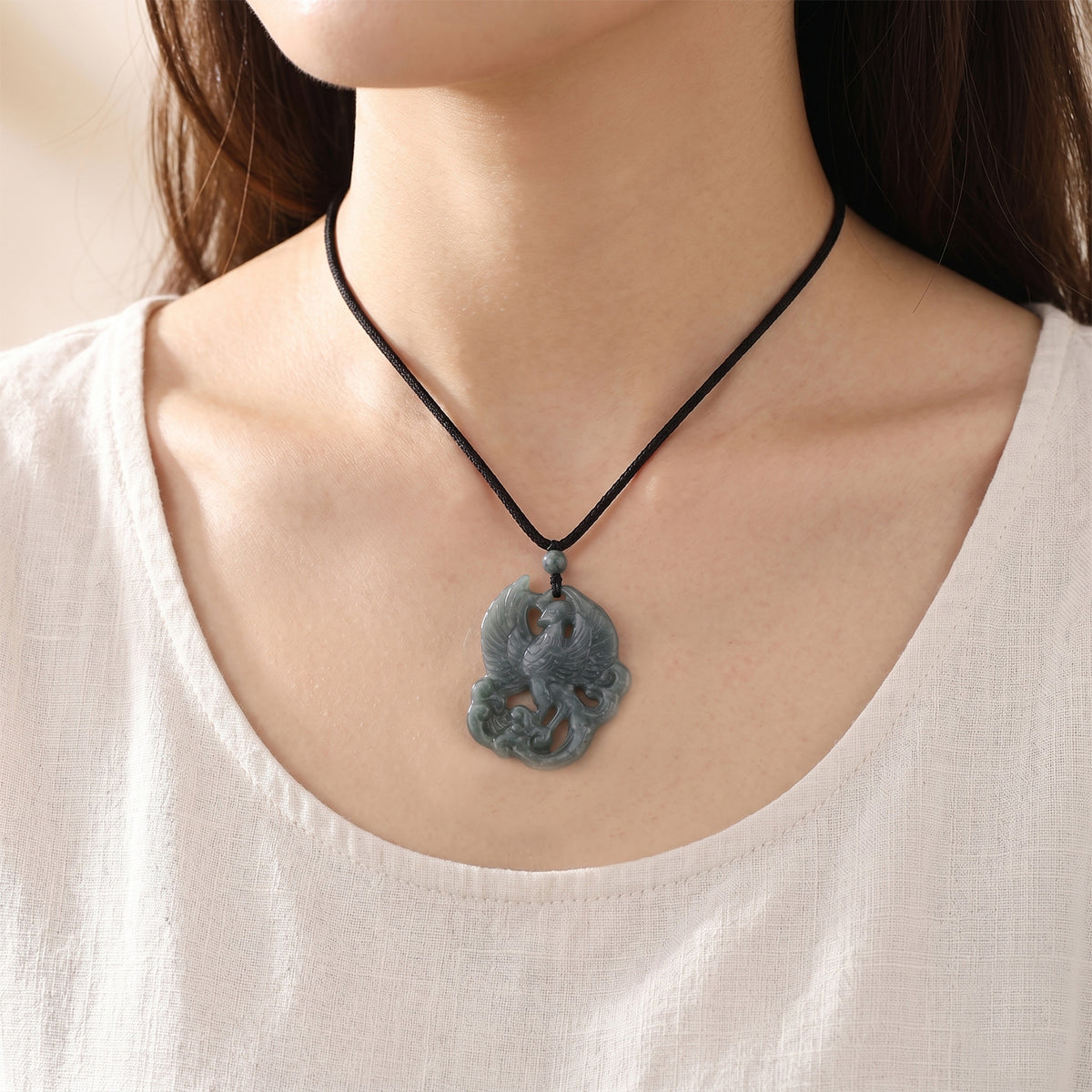 Natural Jade Adjustable Phoenix Carved Necklace (Size - 28) 80.00 Ct. 8611231 2