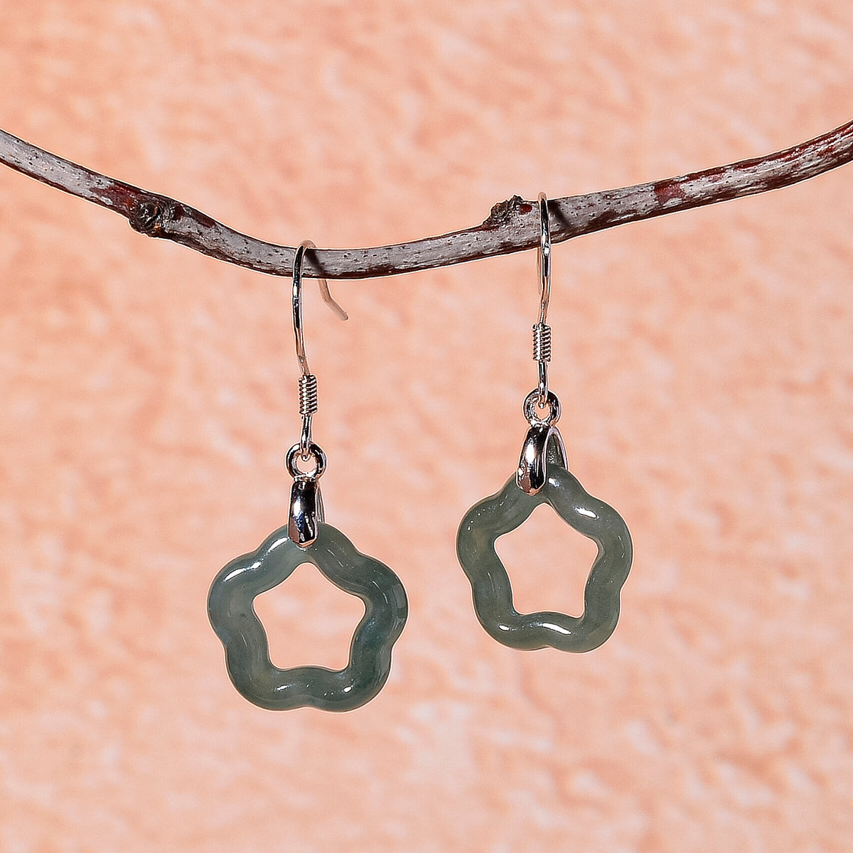 D'Joy - Natural  Jade Star Shape Earring with Hook in Rhodium Overlay Sterling Silver 5.00 Ct. V32514589 3