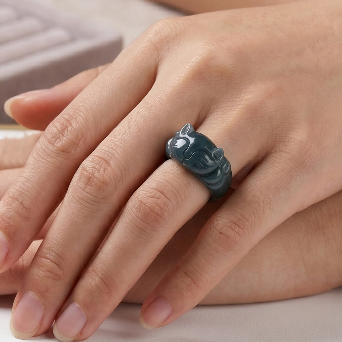 Natural Olmec Jade Maneki-Neko Ring (Size - Q) 30.00 Ct. V32515259 2