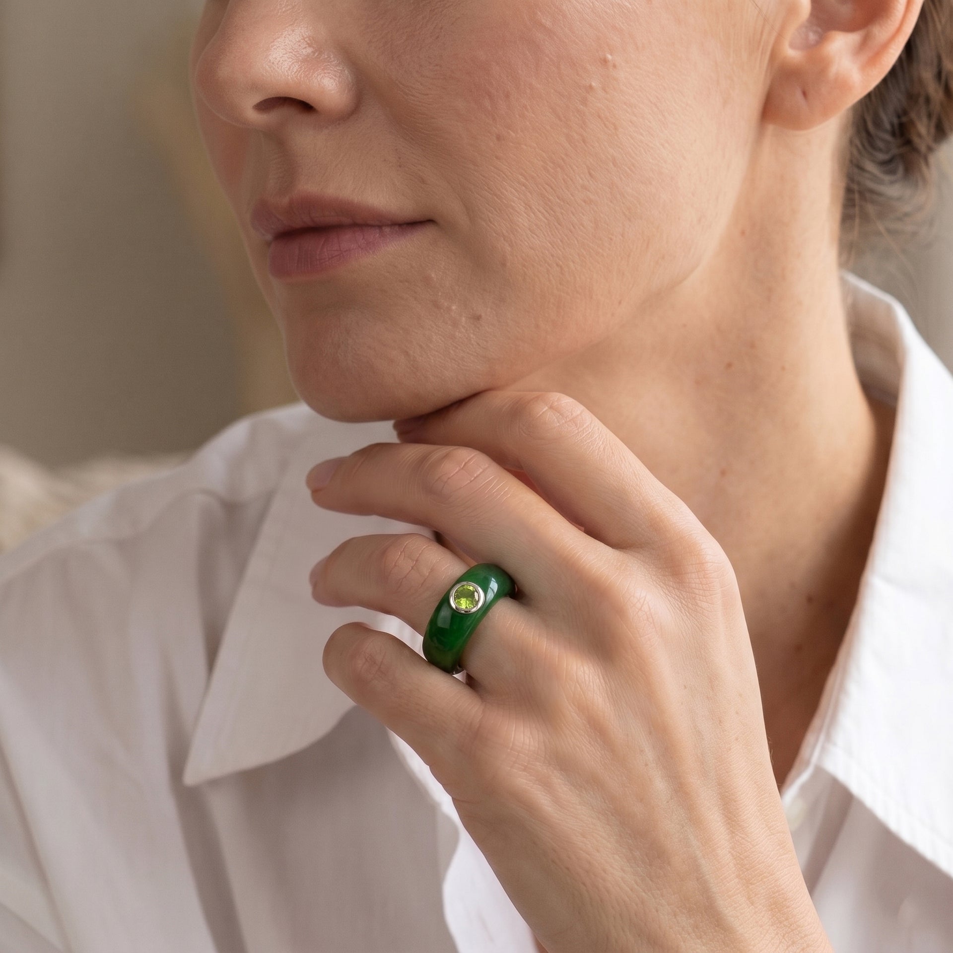 D'Joy - Peridot &amp; Green Jade Band Ring in Rhodium Overlay Sterling Silver 28.30 Ct. V32490305 2