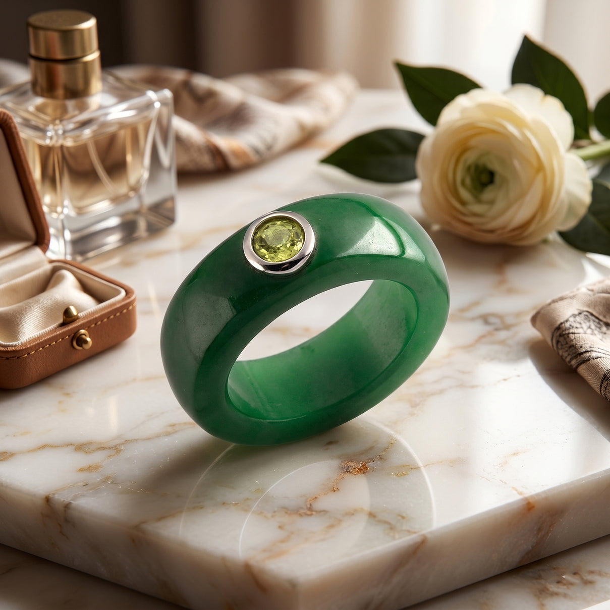 D'Joy - Peridot &amp; Green Jade Band Ring in Rhodium Overlay Sterling Silver 28.30 Ct. V32490305 3