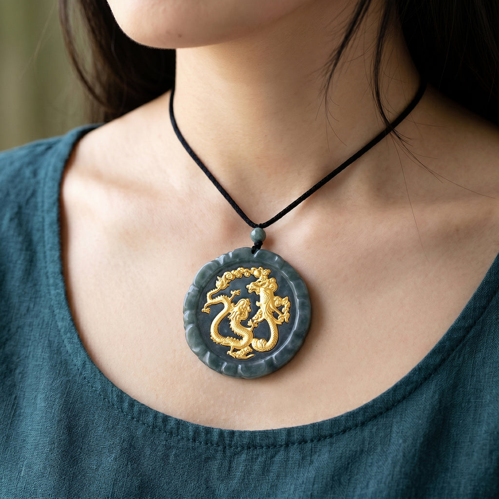 24K Yellow Gold Natural Olmec Jade Adjustable Dragon Necklace (Size - 28) 145.00 Ct._8611335_1