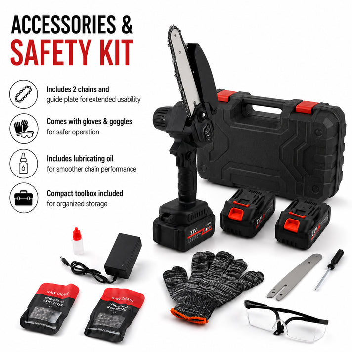 Mini Chainsaw with 180w Power Motor and 21v Rechargeable Battery - PLUS 2 Batteries, 2 Chains, Gloves, Goggles, Oil, Case Black. 8611868 2