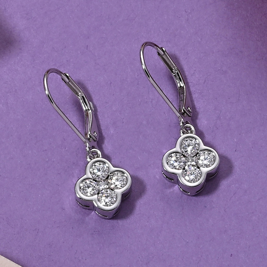 D'Joy - GRA Certified Moissanite Cluster Earring with Lever Back in Rhodium Overlay Sterling Silver 1.00 Ct._8612148_2