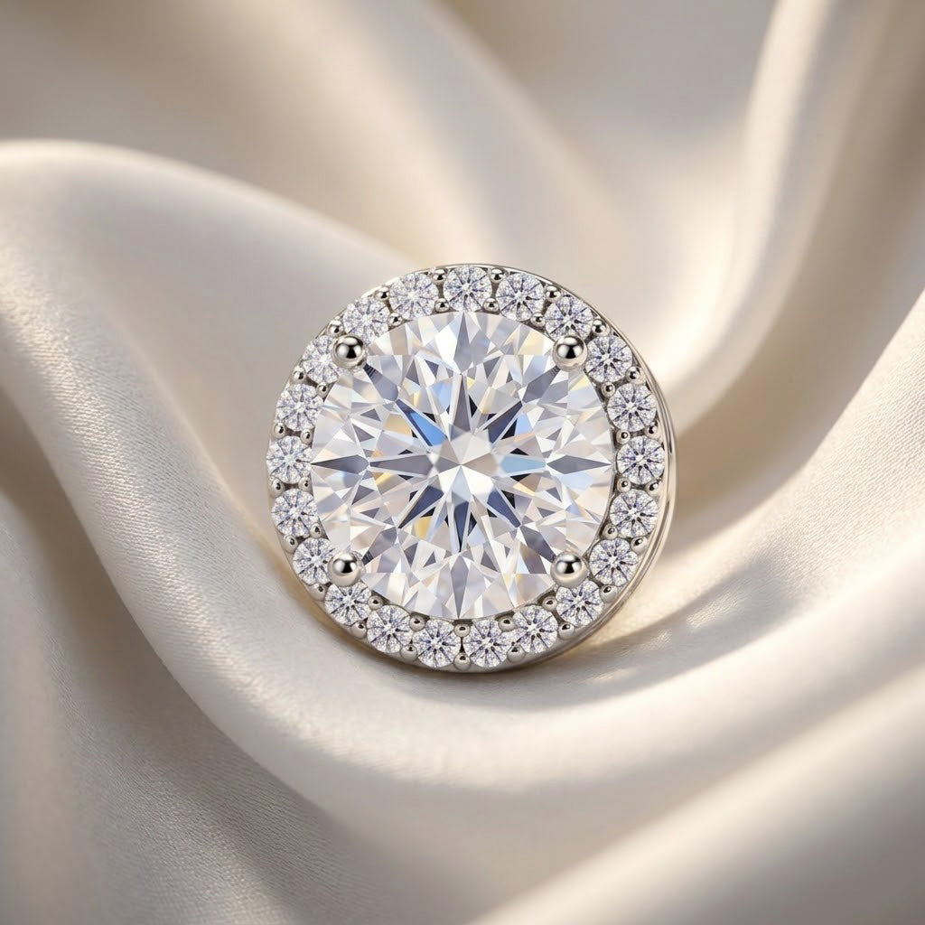 D'Joy - GRA Certified (D-VVS1) Moissanite Halo Pendant in Rhodium Overlay Sterling Silver 3.05 Ct. V32524054 3