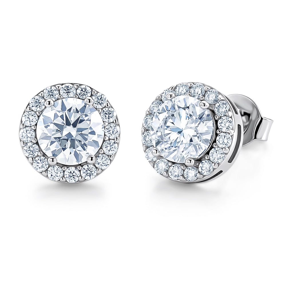 D'Joy - GRA Certified (D-VVS1) Moissanite Halo Stud Earring with Push Back in Rhodium Overlay Sterling Silver 1.94 Ct._8612181