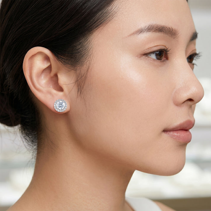 D'Joy - GRA Certified (D-VVS1) Moissanite Halo Stud Earring with Push Back in Rhodium Overlay Sterling Silver 1.94 Ct. 8612181 2