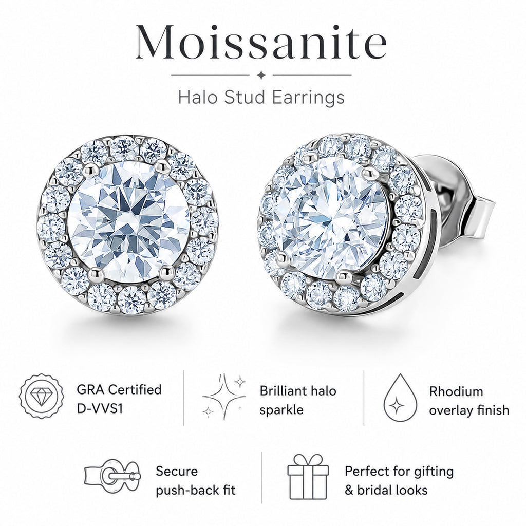 D'Joy - GRA Certified (D-VVS1) Moissanite Halo Stud Earring with Push Back in Rhodium Overlay Sterling Silver 1.94 Ct._8612181_3