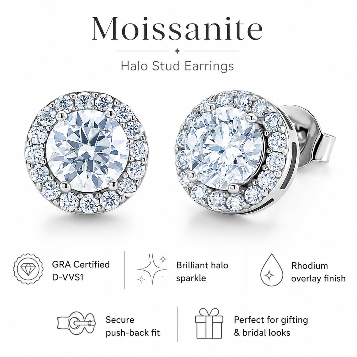 D'Joy - GRA Certified (D-VVS1) Moissanite Halo Stud Earring with Push Back in Rhodium Overlay Sterling Silver 1.94 Ct. V32513440 4