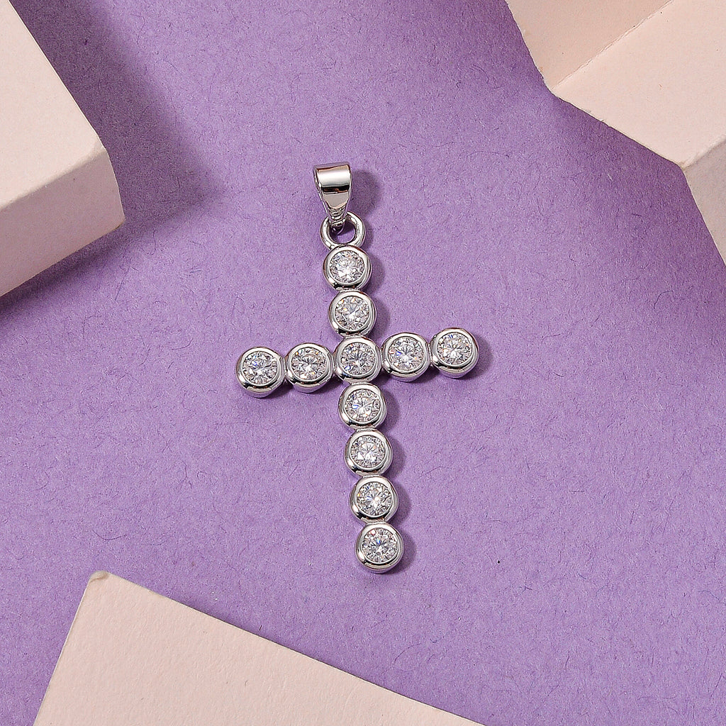 D'Joy - GRA Certified (D-VVS1) Moissanite Cross Pendant in Rhodium Overlay Sterling Silver 1.20 Ct._8612224_2