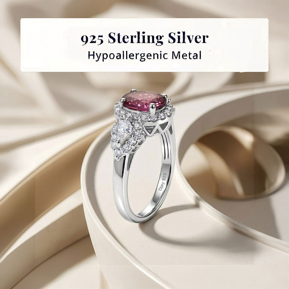 Certified and Appraised D'Joy Colour Change Garnet, Moissanite Main Stone With Surrounding Stone Ring in Rhodium Overlay Sterling Silver  2.350  Ct. 8612924 2
