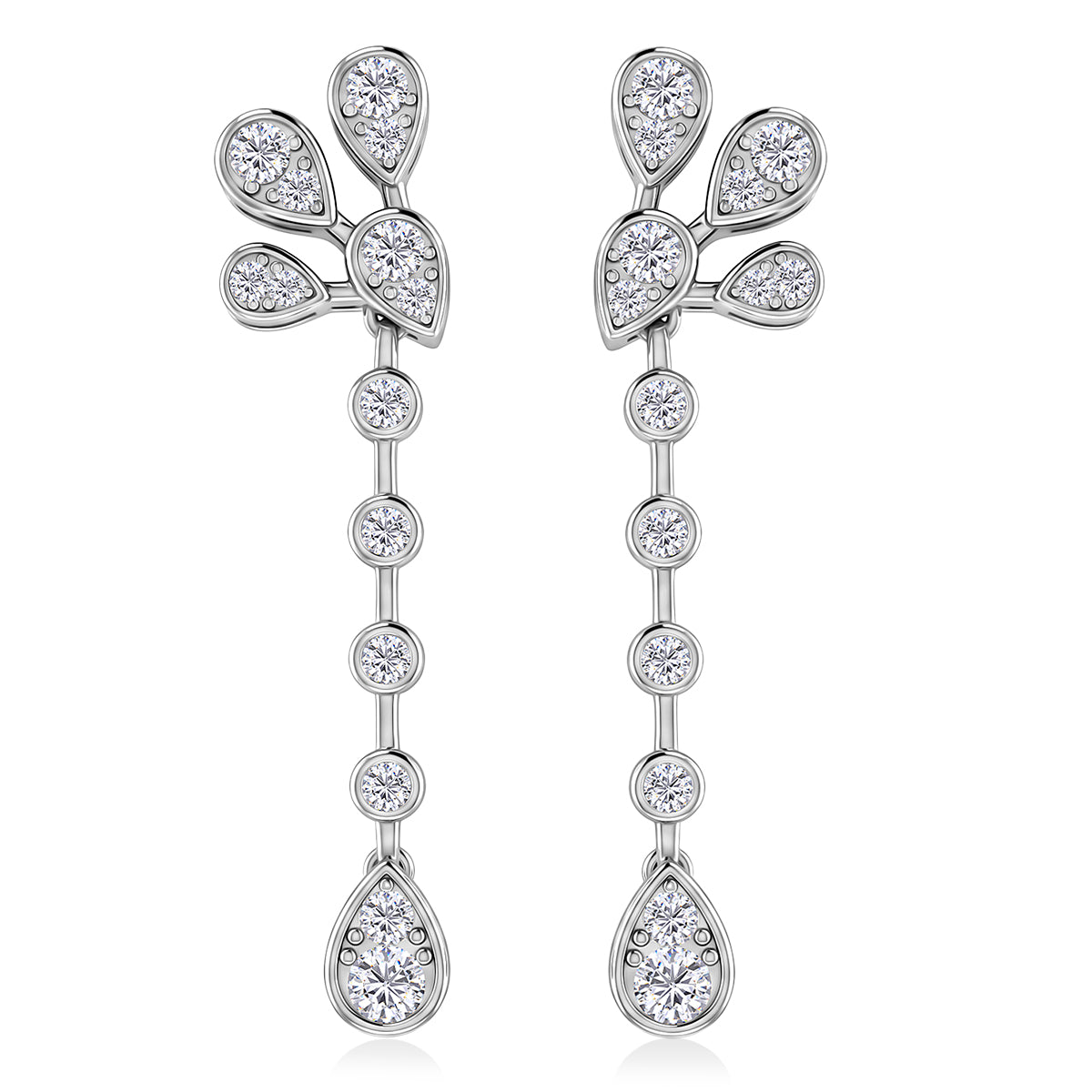 D'Joy - GRA Certified Moissanite Floral Drop Earring with Push Back in Rhodium Overlay Sterling Silver 2.40 Ct. V32519327 0