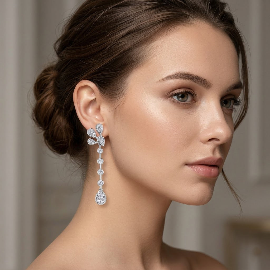 D'Joy - GRA Certified Moissanite Floral Drop Earring with Push Back in Rhodium Overlay Sterling Silver 2.40 Ct._8612952_1