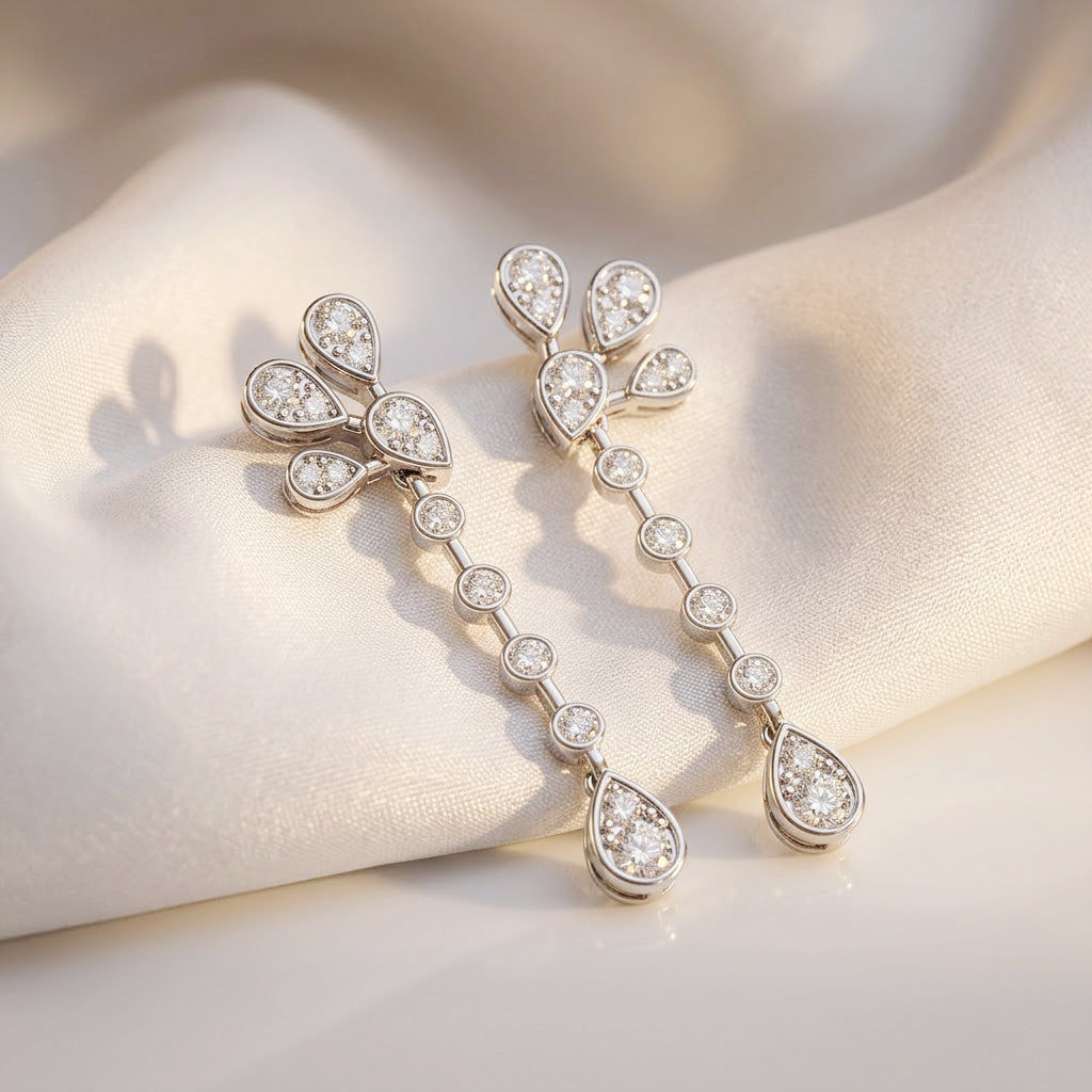 D'Joy - GRA Certified Moissanite Floral Drop Earring with Push Back in Rhodium Overlay Sterling Silver 2.40 Ct. V32519327 3
