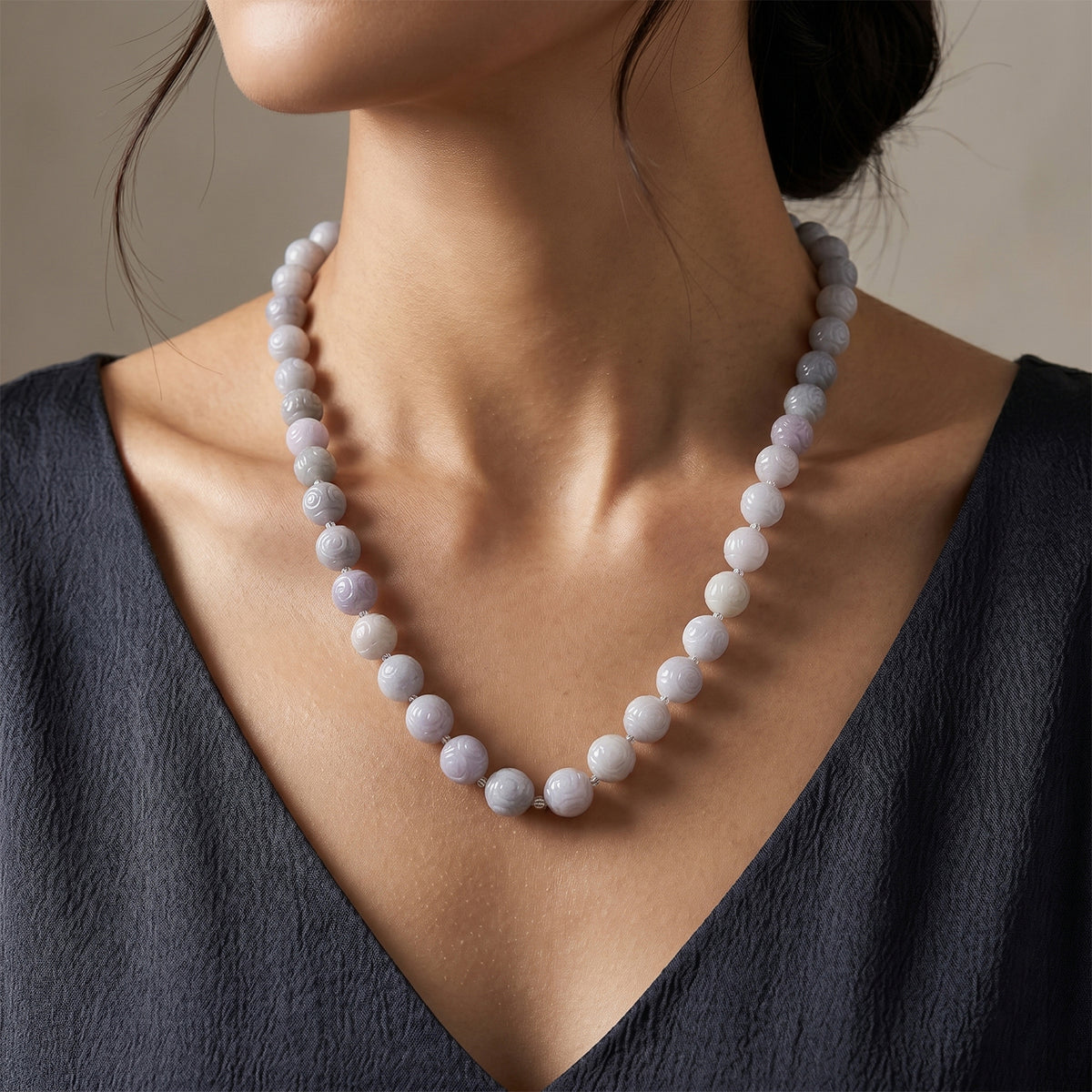 D'Joy - Natural White Jade Beads Necklace (Size - 20) with Magnetic Lock in Rhodium Overlay Sterling Silver 500.00 Ct. 8612958 3