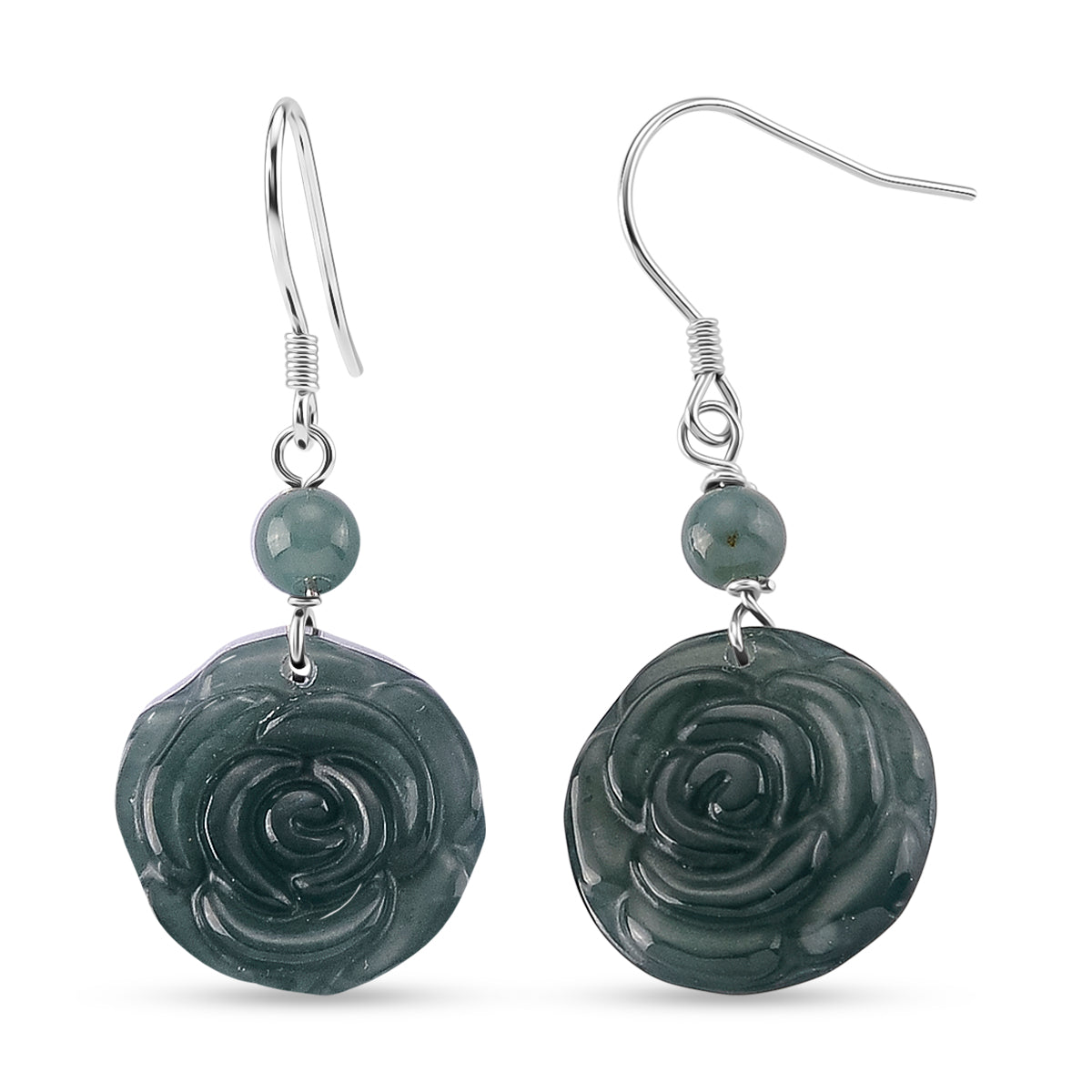 D'Joy - Natural Jade Floral Earring with Hook in Rhodium Overlay Sterling Silver 24.00 Ct. V32520344 0