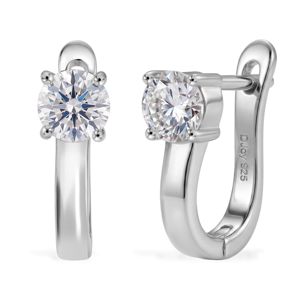 D'Joy - GRA Certified (D-VVS1) Moissanite Solitaire Huggie Earring with Clasp in Rhodium Overlay Sterling Silver_8613039