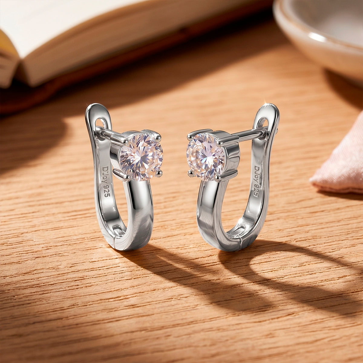 D'Joy - GRA Certified (D-VVS1) Moissanite Solitaire Huggie Earring with Clasp in Rhodium Overlay Sterling Silver V32513702 3