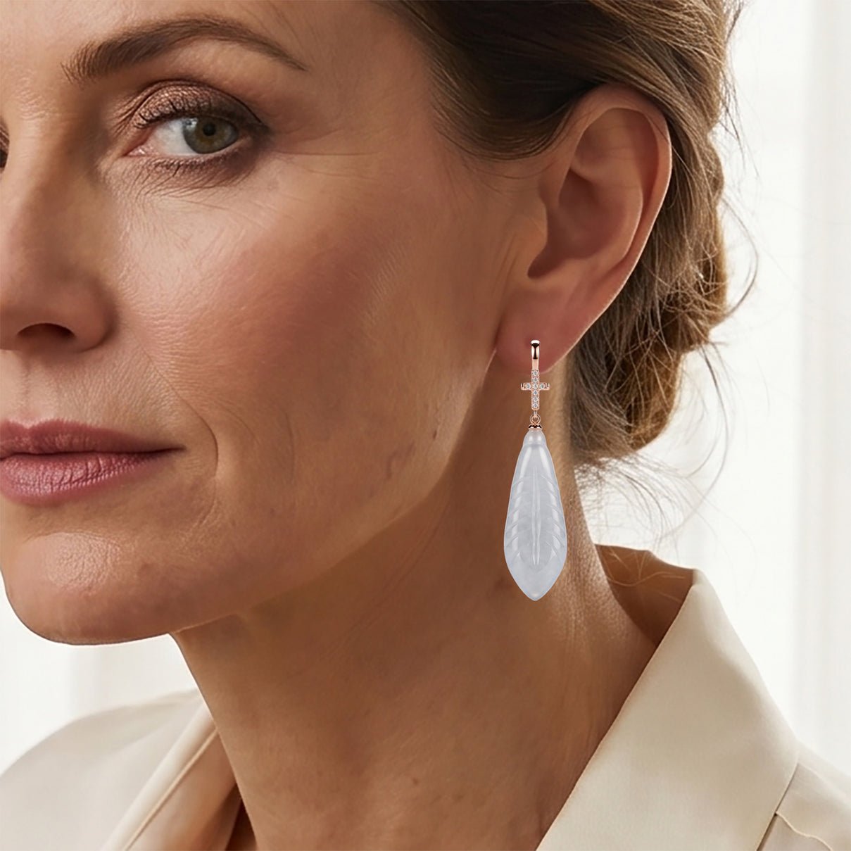 D'Joy - White Jade &amp; Cubic Zirconia Cross Earring with Hook in Rose Gold Plated Sterling Silver 50.00 Ct. V32491084 2