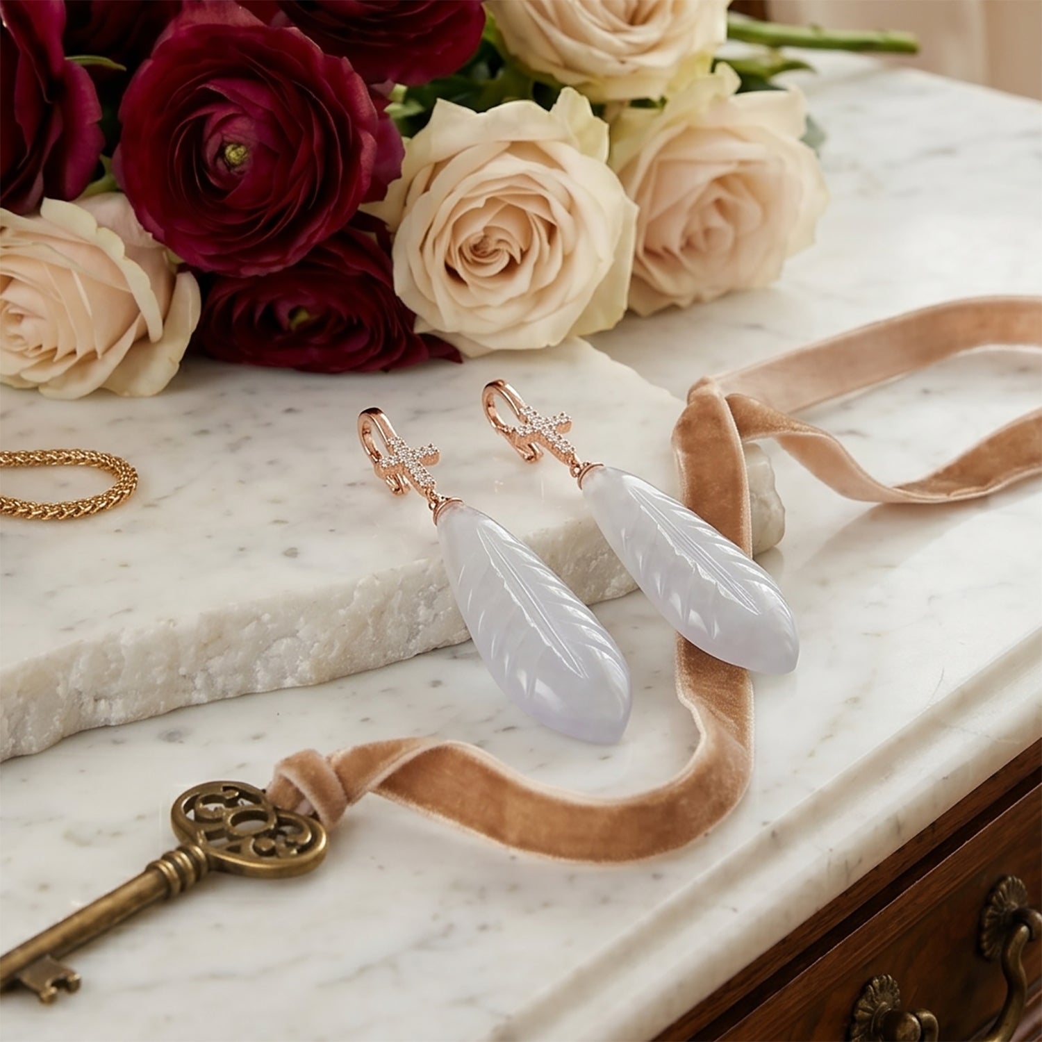 D'Joy - White Jade &amp; Cubic Zirconia Cross Earring with Hook in Rose Gold Plated Sterling Silver 50.00 Ct. V32491084 3