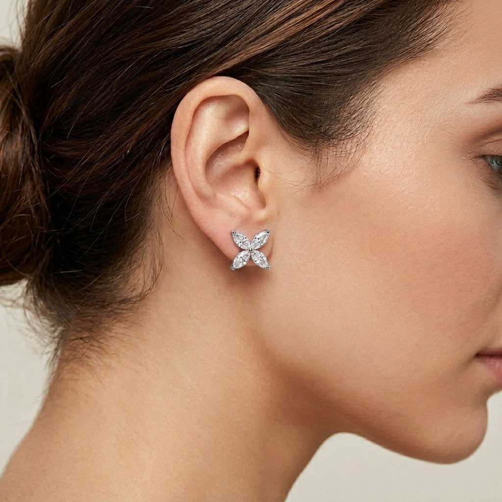 D'Joy - GRA Certified (D-VVS1) Moissanite Floral Earring with Push Back in Rhodium Overlay Sterling Silver 2.00 Ct. V32532779 2