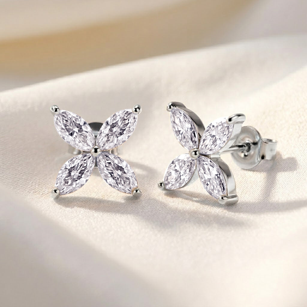 D'Joy - GRA Certified (D-VVS1) Moissanite Floral Earring with Push Back in Rhodium Overlay Sterling Silver 2.00 Ct. V32532779 3