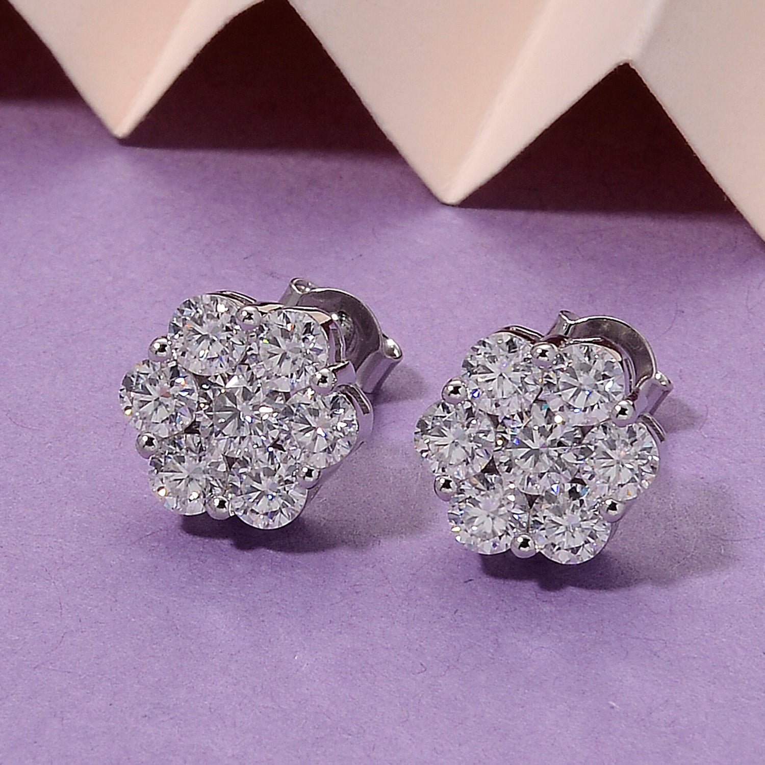 D'Joy - GRA Certified Moissanite Cluster Earring with Push Back in Rhodium Overlay Sterling Silver 2.50 Ct. 8613172 3