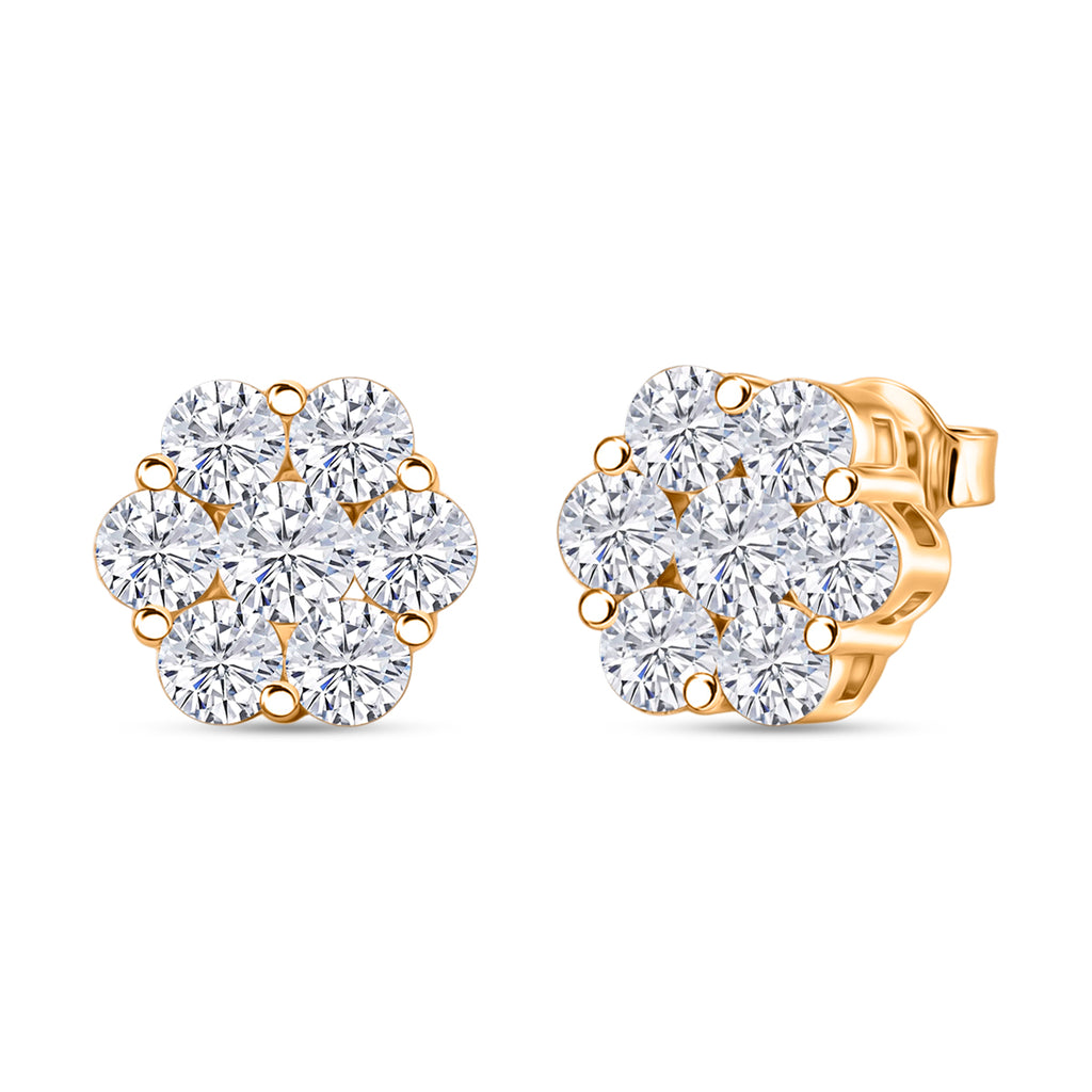D'Joy - GRA Certified (D-VVS1) Moissanite Cluster Stud Earring with Push Back in Yellow Gold Plated Sterling Silver 2.50 Ct._8613173