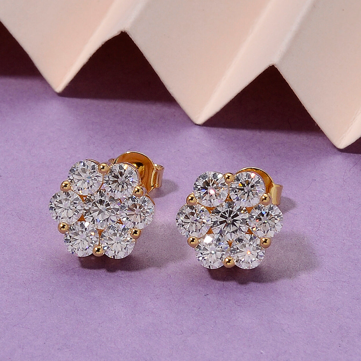 D'Joy - GRA Certified (D-VVS1) Moissanite Cluster Stud Earring with Push Back in Yellow Gold Plated Sterling Silver 2.50 Ct. V32585286 3
