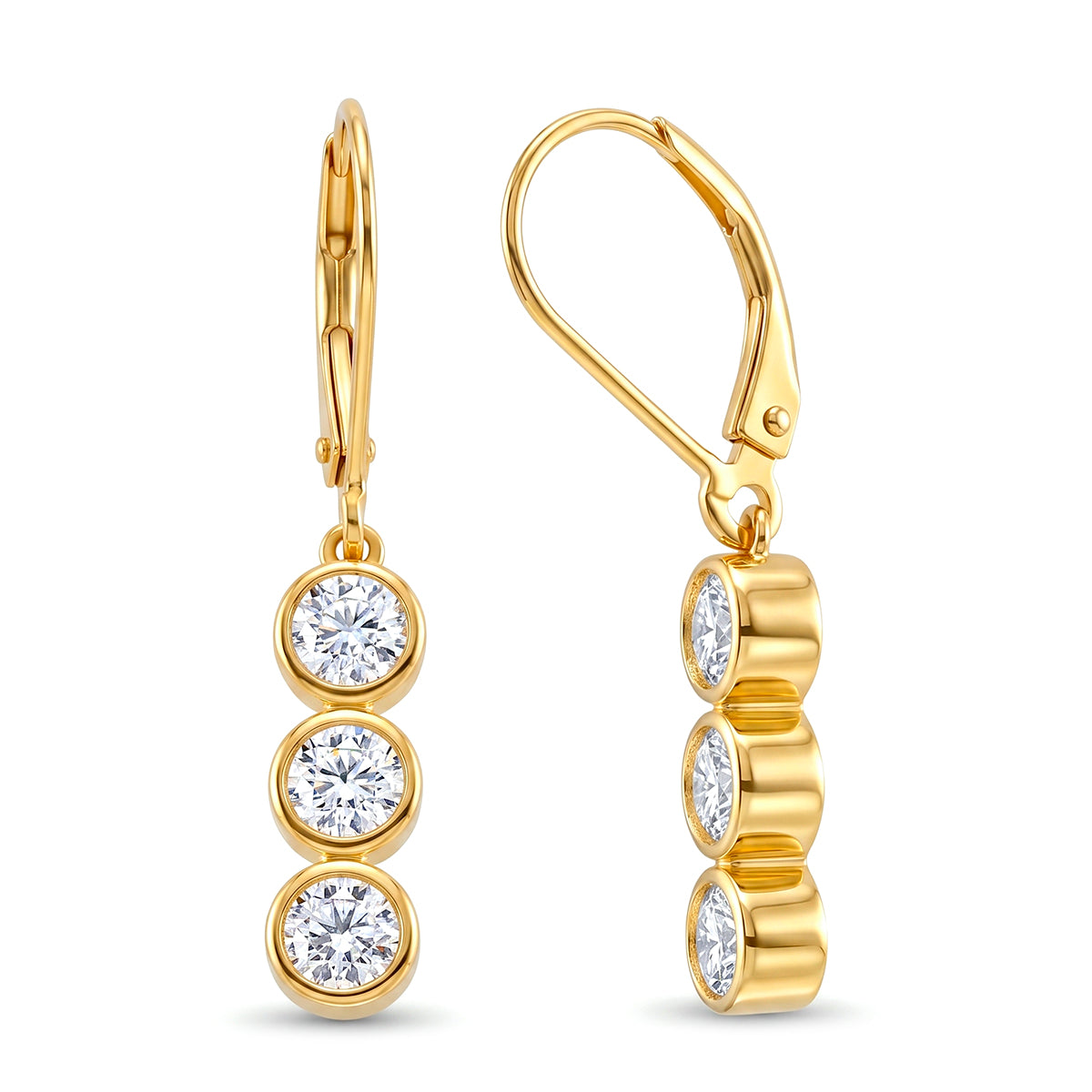 D'Joy - GRA Certified Moissanite Trilogy Drop Earring with Lever Back in Yellow Gold Plated Sterling Silver 1.50 Ct. V32513442 0