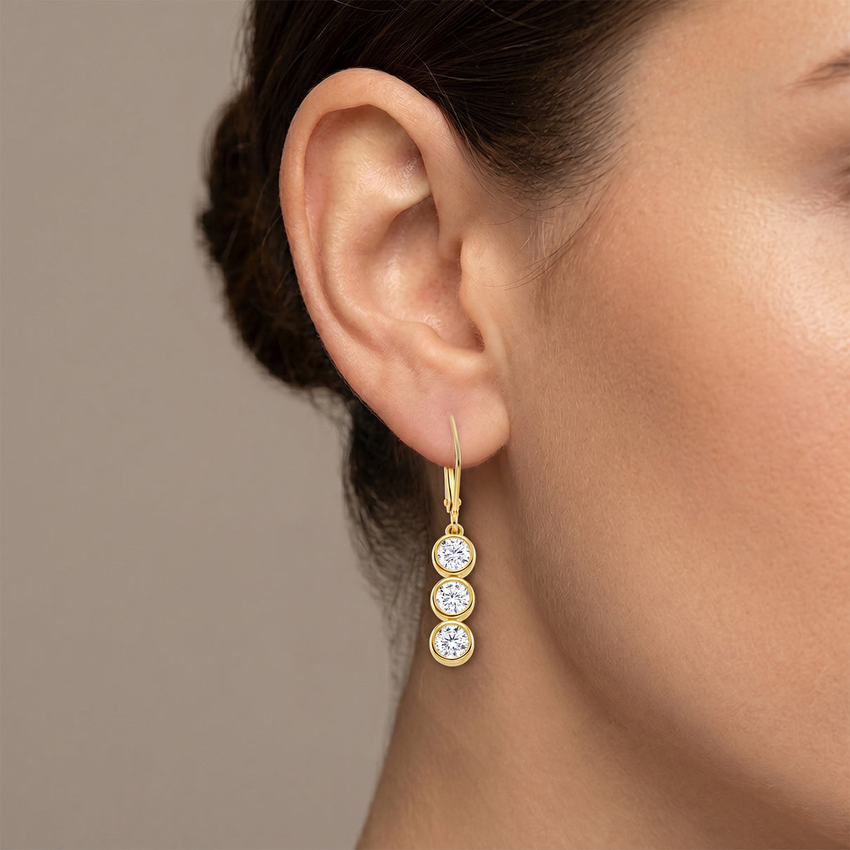 D'Joy - GRA Certified Moissanite Trilogy Drop Earring with Lever Back in Yellow Gold Plated Sterling Silver 1.50 Ct. V32513442 2