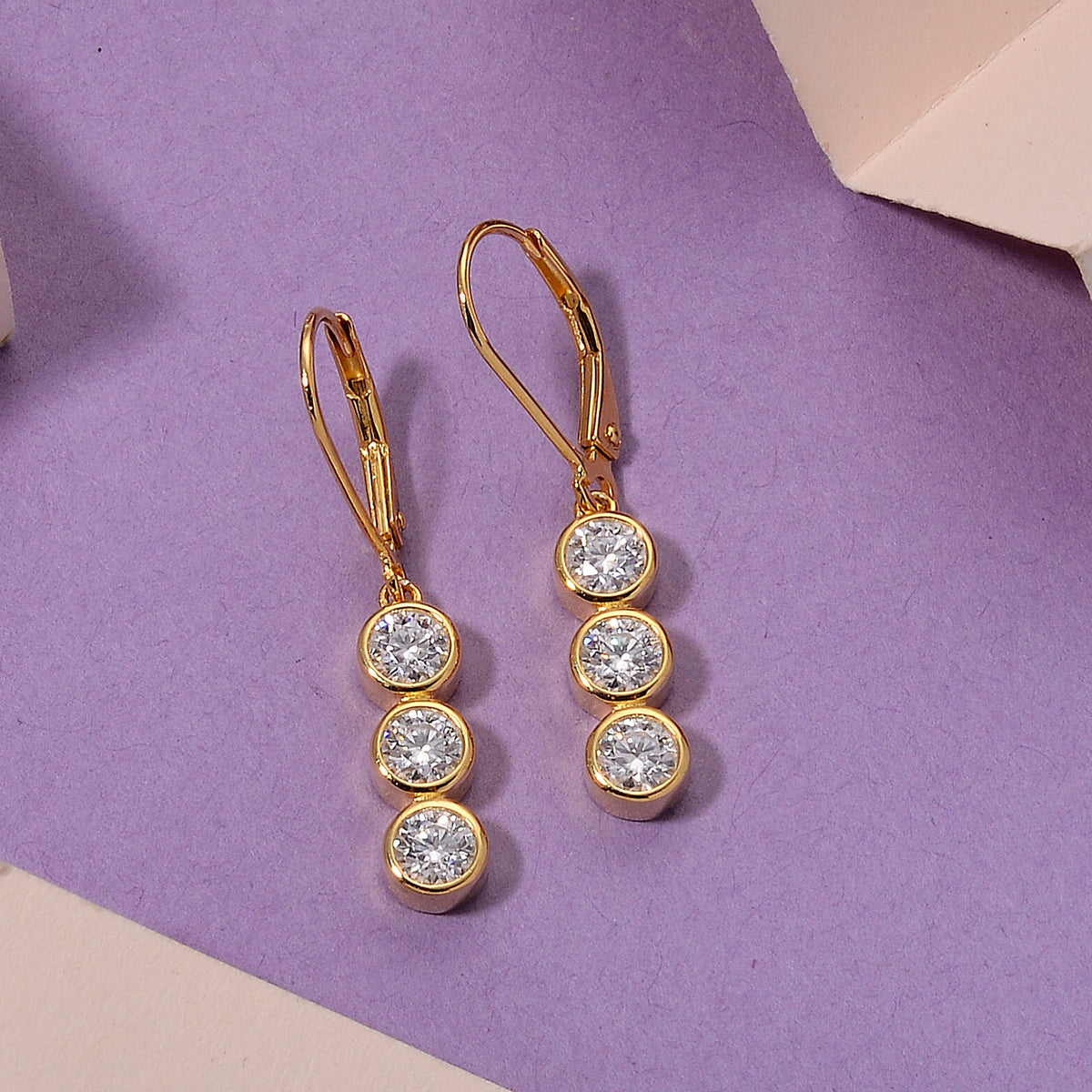 D'Joy - GRA Certified Moissanite Trilogy Drop Earring with Lever Back in Yellow Gold Plated Sterling Silver 1.50 Ct. V32513442 3