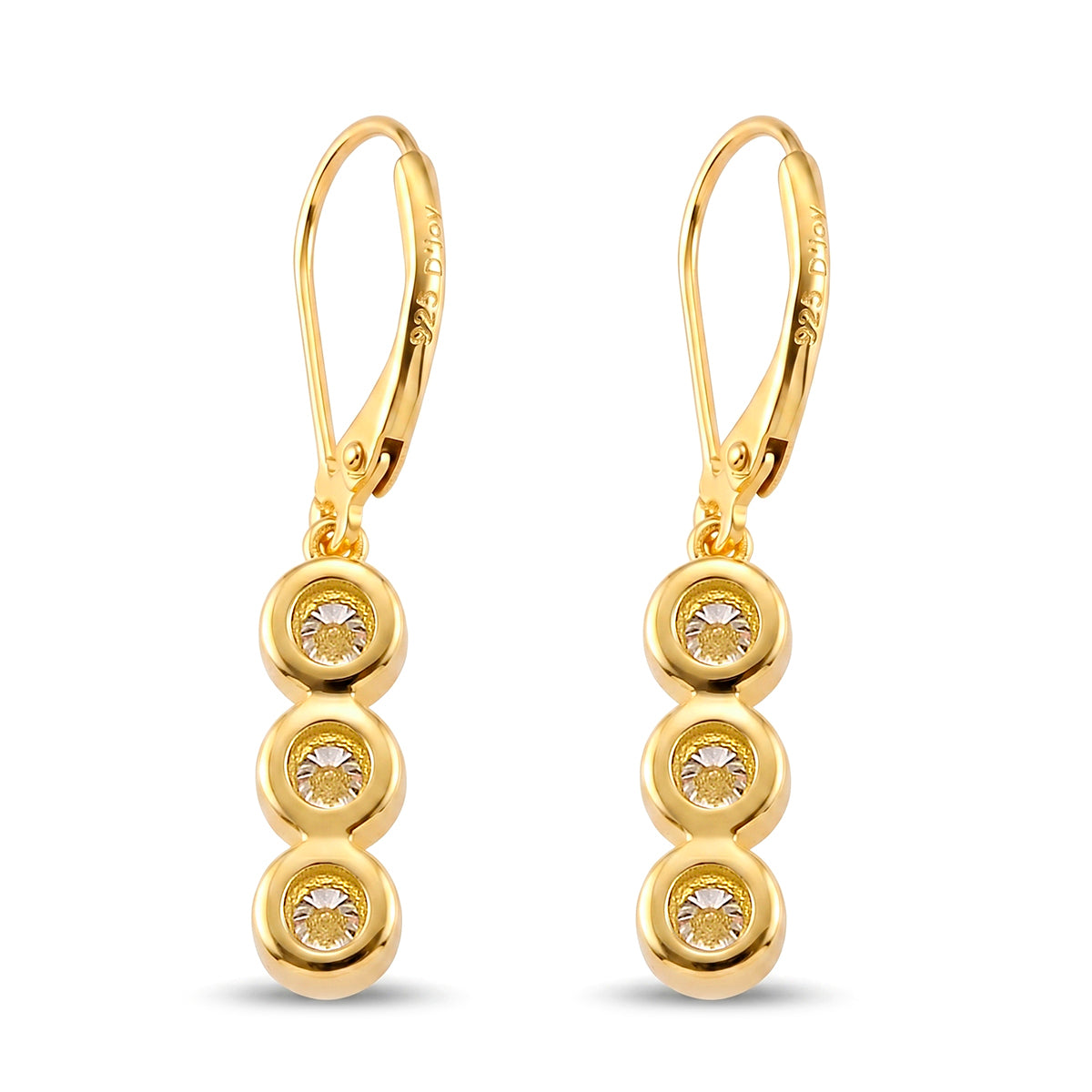 D'Joy - GRA Certified Moissanite Trilogy Drop Earring with Lever Back in Yellow Gold Plated Sterling Silver 1.50 Ct. V32513442 4