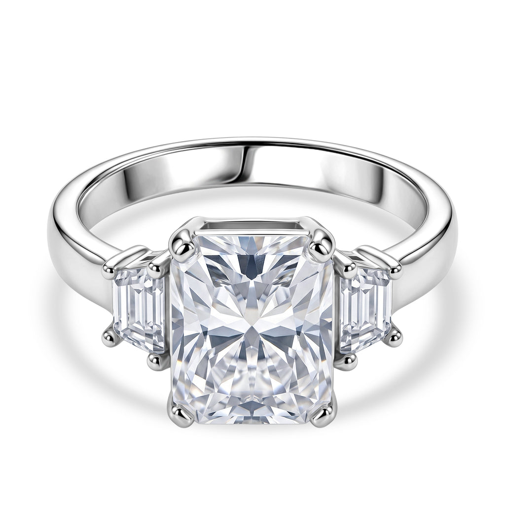 D'Joy - GRA Certified (D-VVS1) Moissanite Trilogy Ring in Rhodium Overlay Sterling Silver 3.90 Ct._8613202