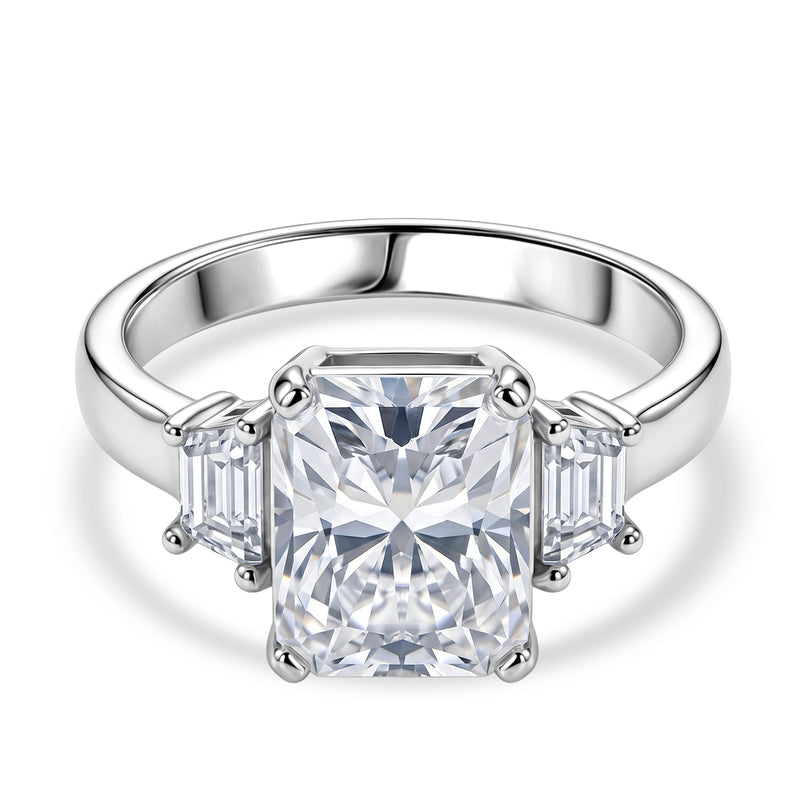 D'Joy - GRA Certified (D-VVS1) Moissanite Trilogy Ring in Rhodium Overlay Sterling Silver 3.90 Ct._8613202