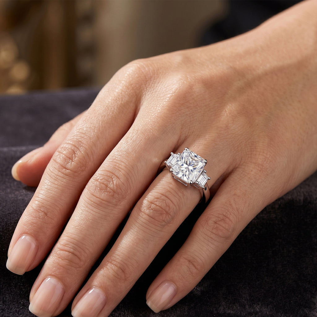 D'Joy - GRA Certified (D-VVS1) Moissanite Trilogy Ring in Rhodium Overlay Sterling Silver 3.90 Ct._8613202_1