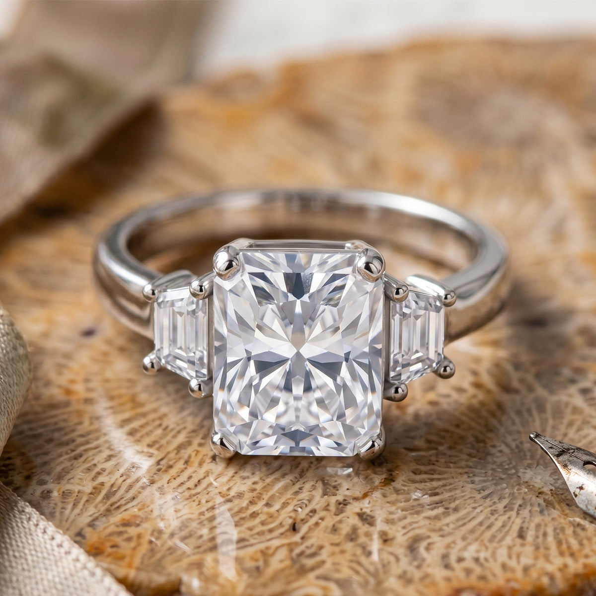 D'Joy - GRA Certified (D-VVS1) Moissanite Trilogy Ring in Rhodium Overlay Sterling Silver 3.90 Ct. 8613202 3