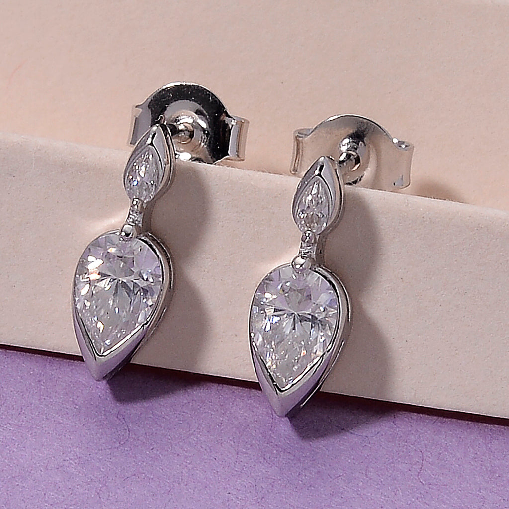 D'Joy - GRA Certified Moissanite Dangling Earring with Push Back in Rhodium Overlay Sterling Silver 1.06 Ct._8613829_2