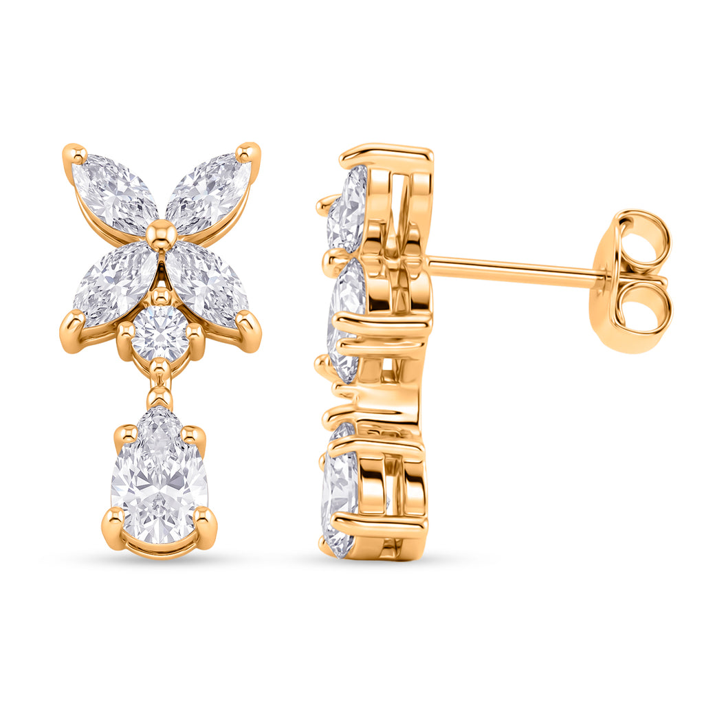 D'Joy - GRA Certified Moissanite Floral Drop Earring with Push Back in Yellow Gold Plated Sterling Silver 2.48 Ct._8613831