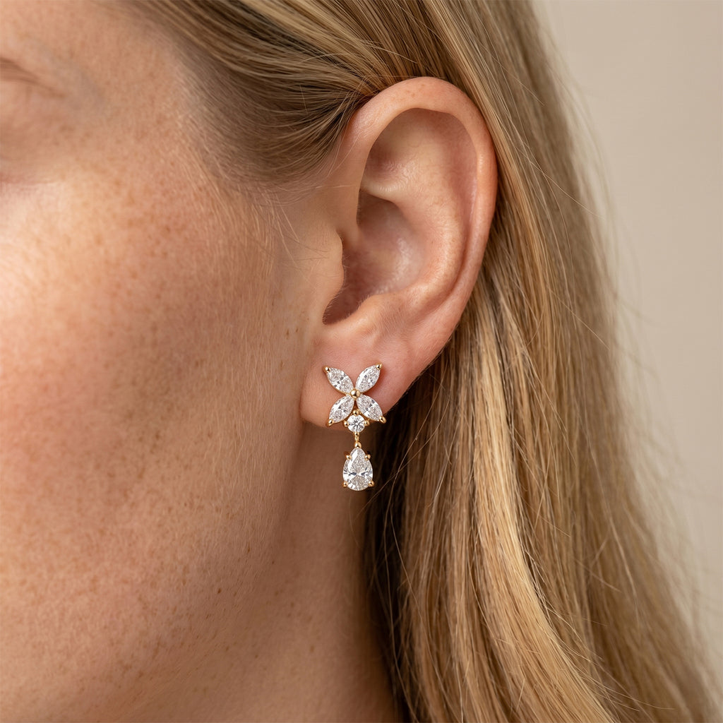 D'Joy - GRA Certified Moissanite Floral Drop Earring with Push Back in Yellow Gold Plated Sterling Silver 2.48 Ct._8613831_1