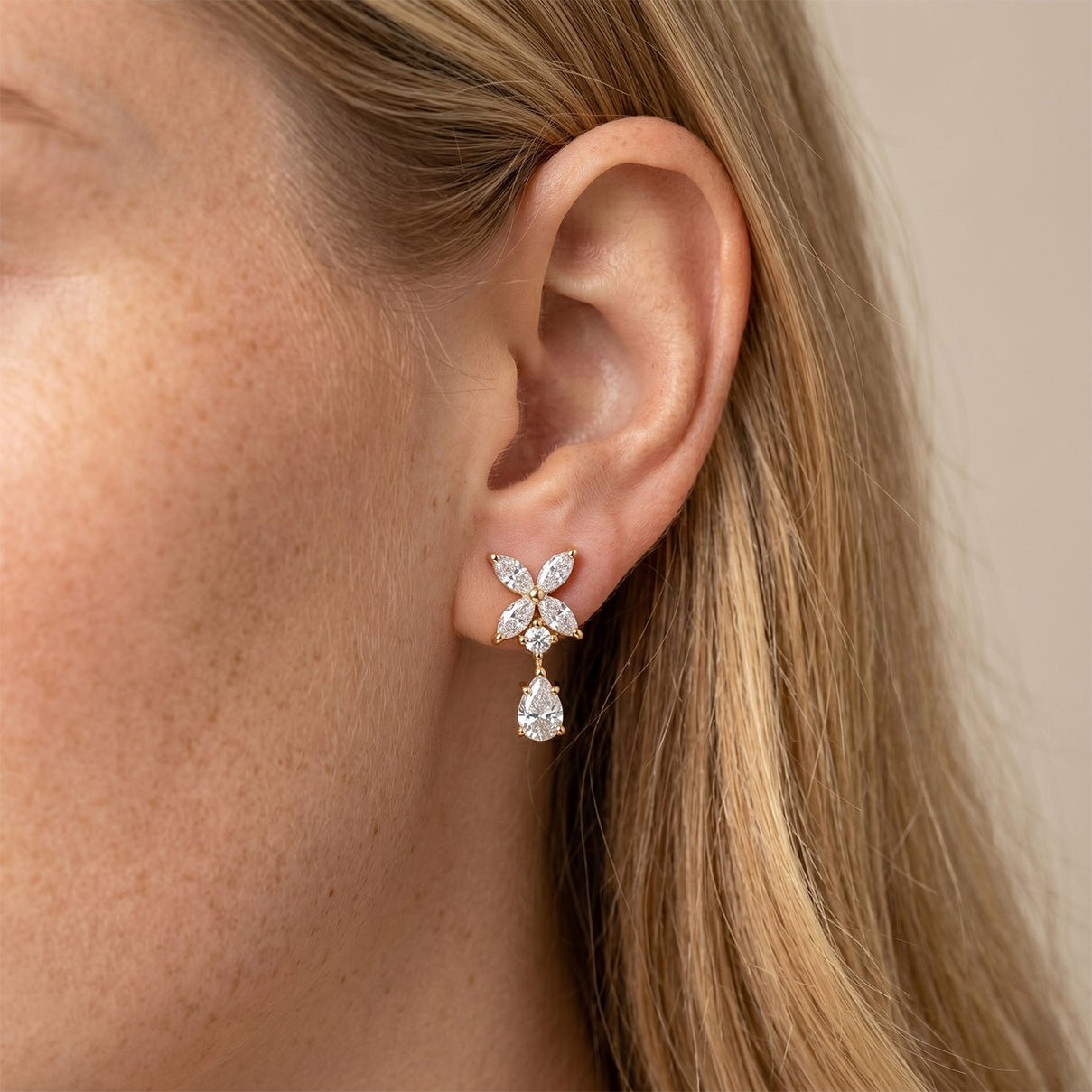 D'Joy - GRA Certified Moissanite Floral Drop Earring with Push Back in Yellow Gold Plated Sterling Silver 2.48 Ct. 8613831 2