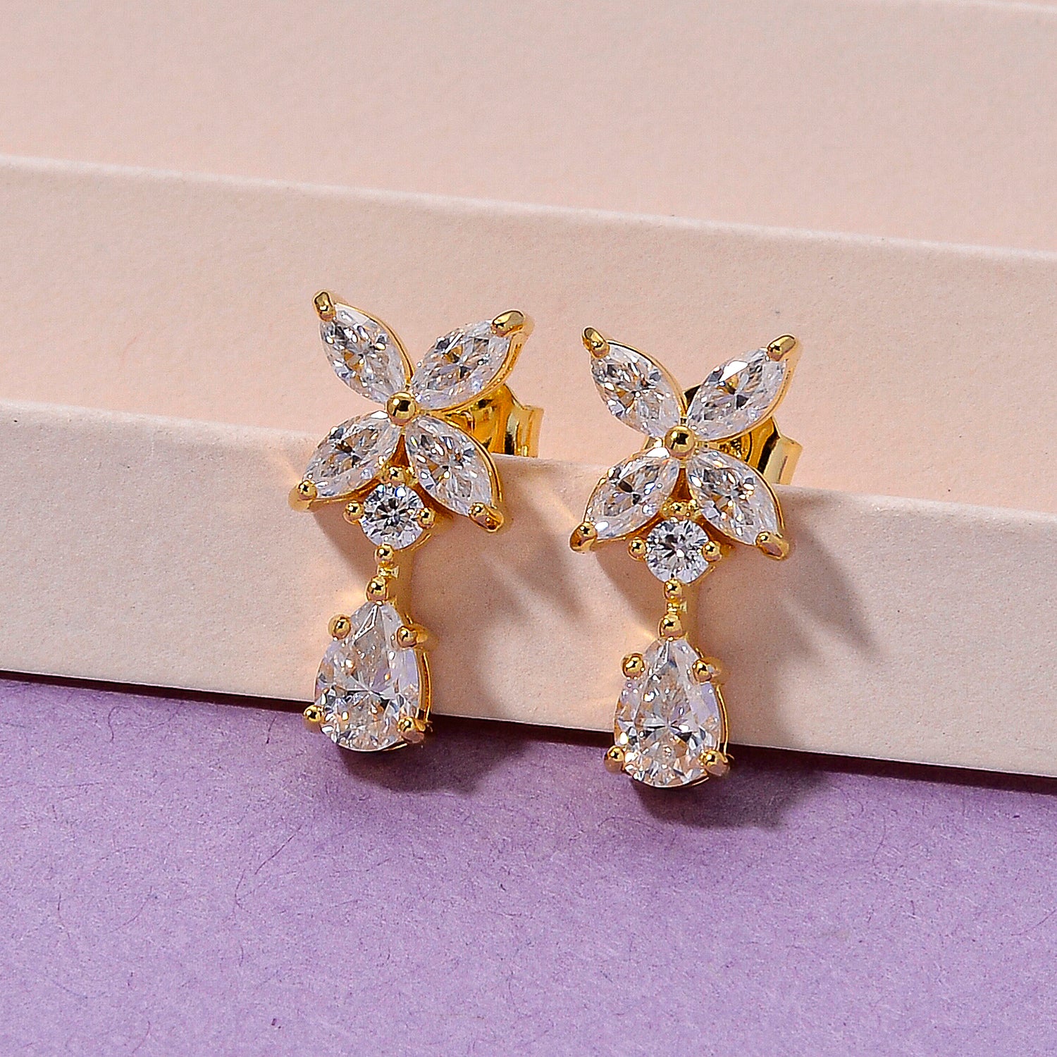 D'Joy - GRA Certified Moissanite Floral Drop Earring with Push Back in Yellow Gold Plated Sterling Silver 2.48 Ct. 8613831 3