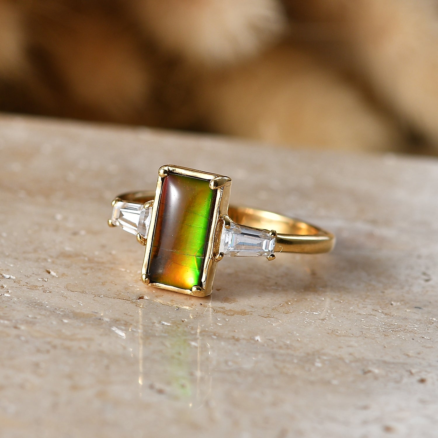 D'Joy - Ammolite &amp; Moissanite Trilogy Ring in 18K Vermeil Yellow Gold Plated Sterling Silver 2.10 Ct. 8614335 3