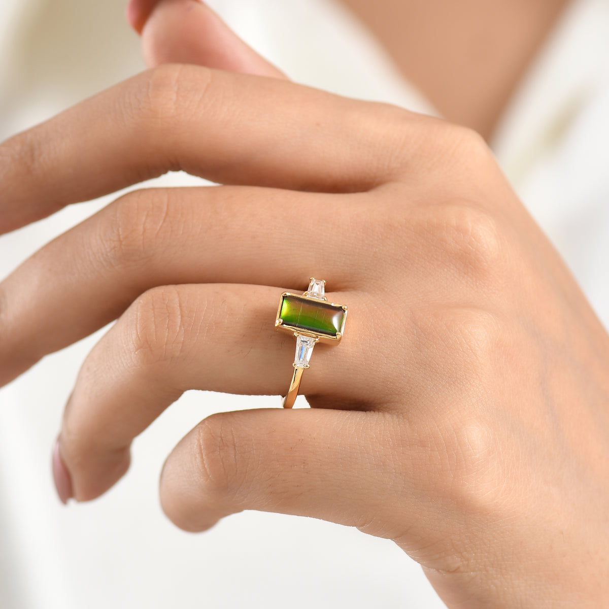 D'Joy - Ammolite &amp; Moissanite Trilogy Ring in 18K Vermeil Yellow Gold Plated Sterling Silver 2.10 Ct. 8614336 2
