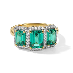 Lab Grown Columbian Emerald & Lab Grown Diamond (SI-G-H) Trilogy Halo Ring in 18K Vermeil Yellow Gold Plated Sterling Silver 3.70 Ct.