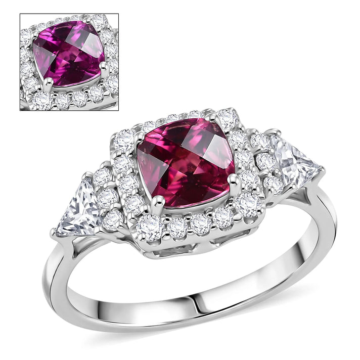 Certified and Appraised D'Joy Colour Change Garnet, Moissanite Main Stone With Surrounding Stone Ring in Rhodium Overlay Sterling Silver 1.950 Ct. 8615631 1
