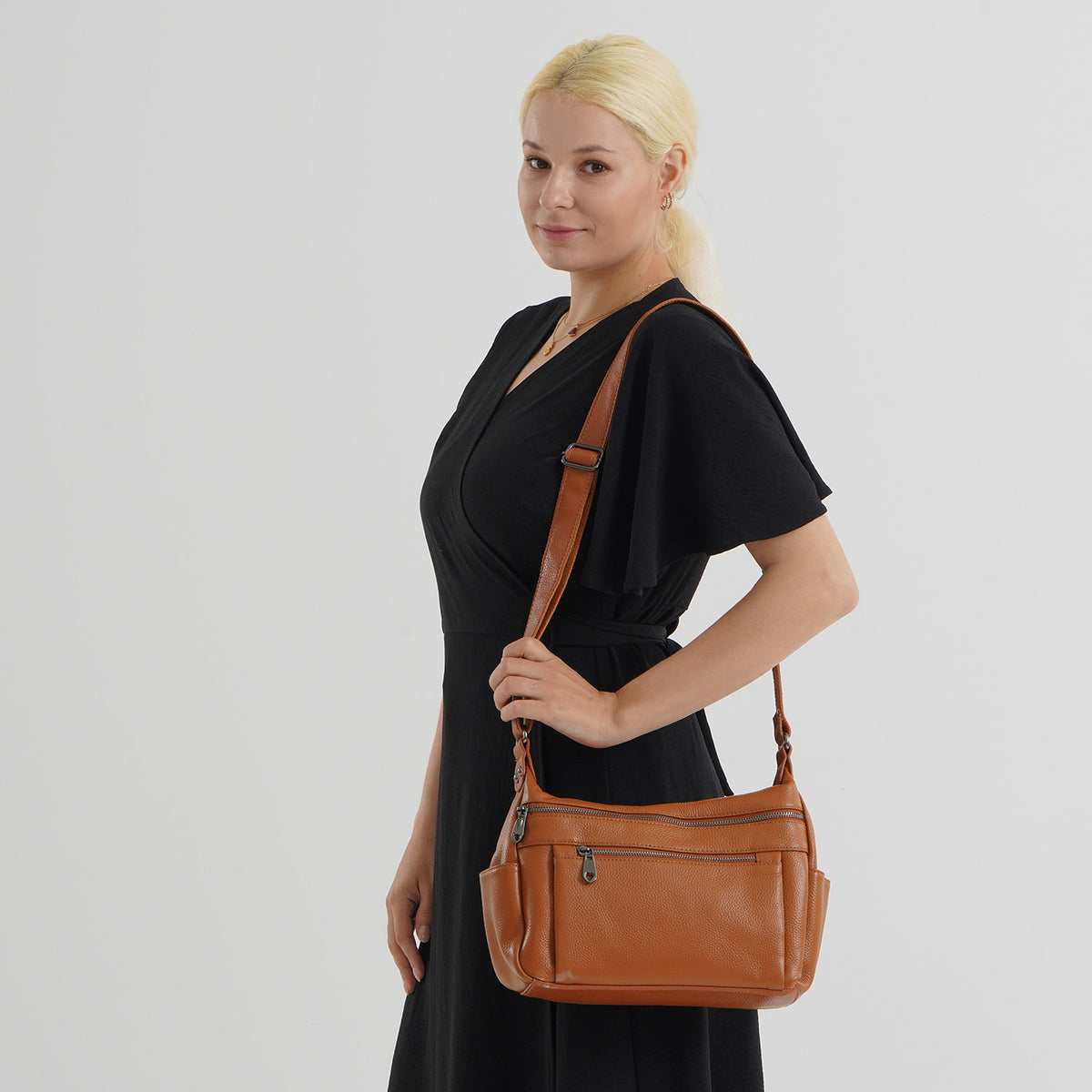 Closeout Deal - Genuine Leather Fully Lined Bag With Adjustable Cross Body Strap - Tan 8615675 2