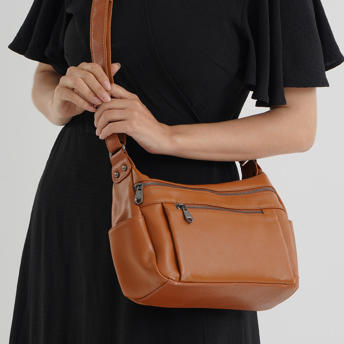 Closeout Deal - Genuine Leather Fully Lined Bag With Adjustable Cross Body Strap - Tan 8615675 3