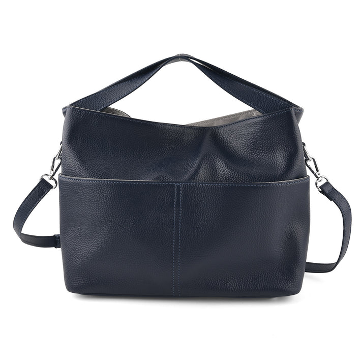 Genuine Leather Satchel Bag with Adjustable Shoulder Strap - Dark Blue 8615694 1